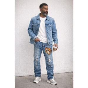 Damati Embroidered Tiger Design Denim Jeans Pocket size 36 straight leg